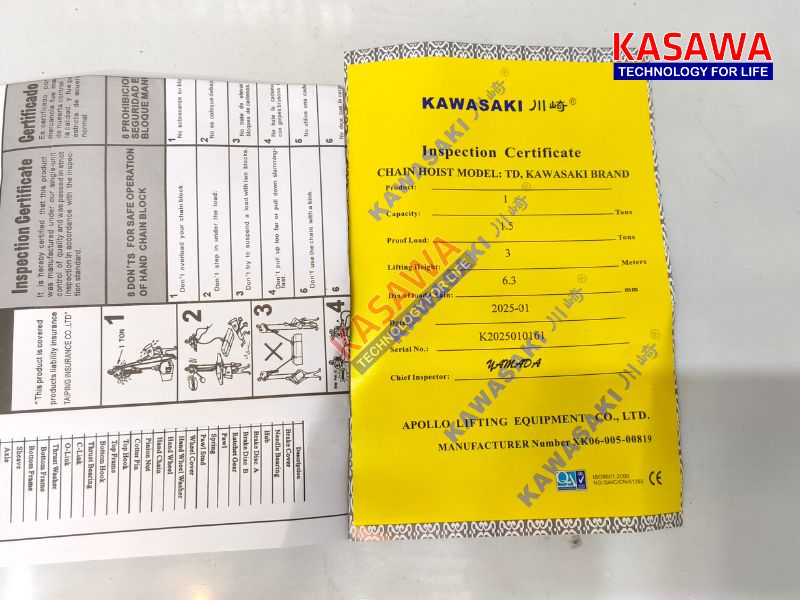Pa lăng chính hãng Kawasaki có đấy đủ CO, CQ