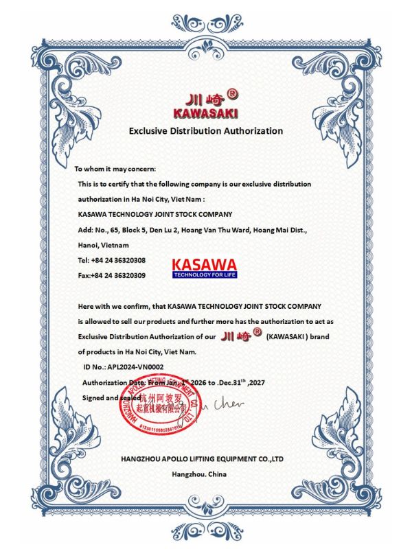 Giấy chứng nhận nhà phân phối chính thức của Kawasaki cấp cho Kasawa