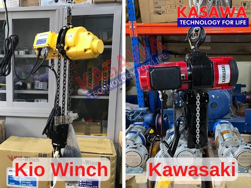 pa lăng xích điện 1 pha của 2 thương hiệu Kawasaki và Kio Winch