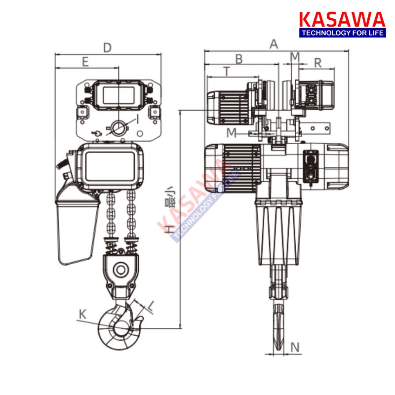 Kích thước pa lăng xích điện 2 tấn 2 xích (di chuyển)