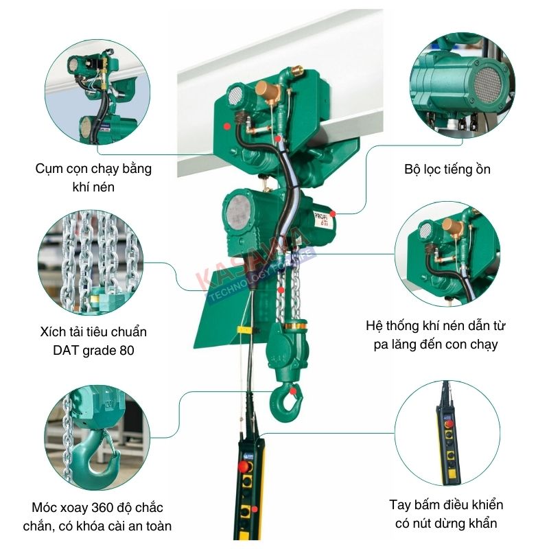 Cấu tạo pa lăng xích khí nén di chuyển Kawasaki